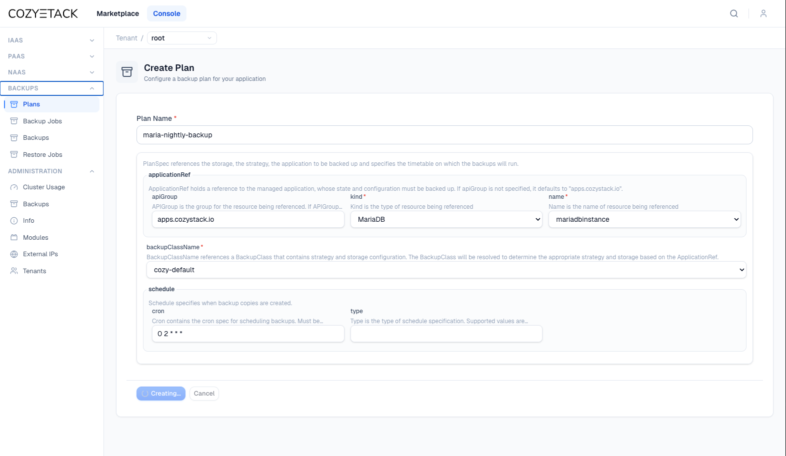 Cozystack dashboard showing the Plan creation form with cron schedule configuration