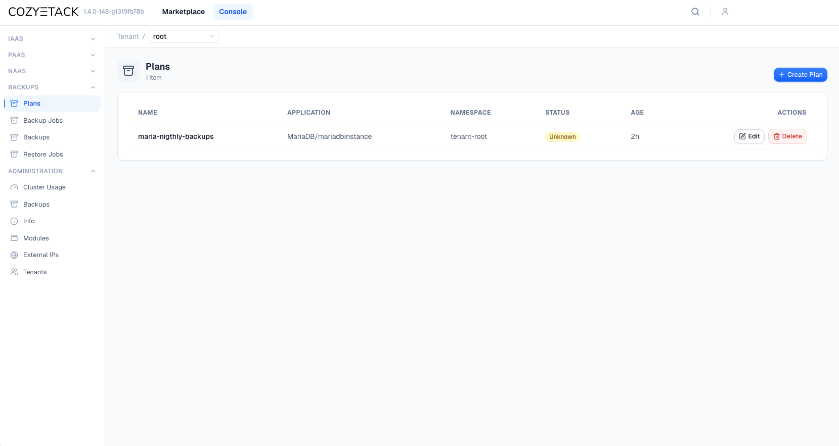 Plan list view showing active scheduled backup plans and their last run status
