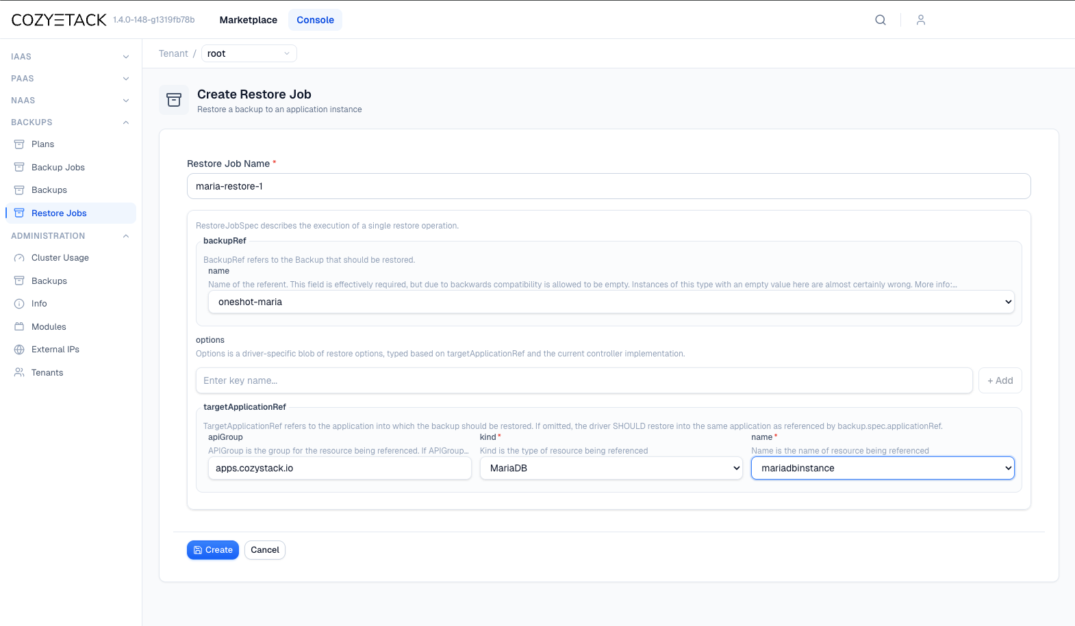 RestoreJob creation form with source backup and target application configured