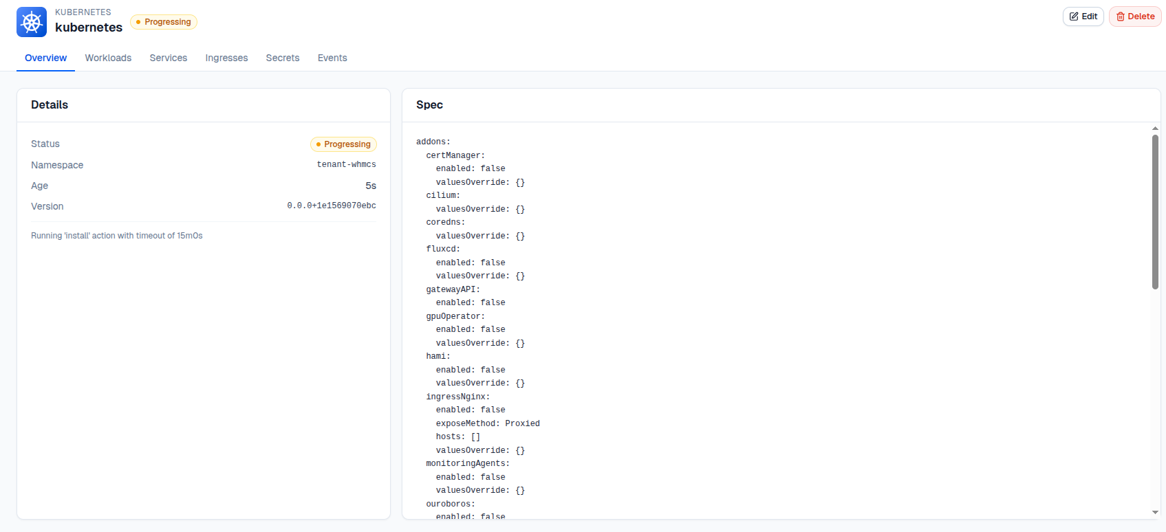 Kubernetes deployment form with version, node group, and addons configured